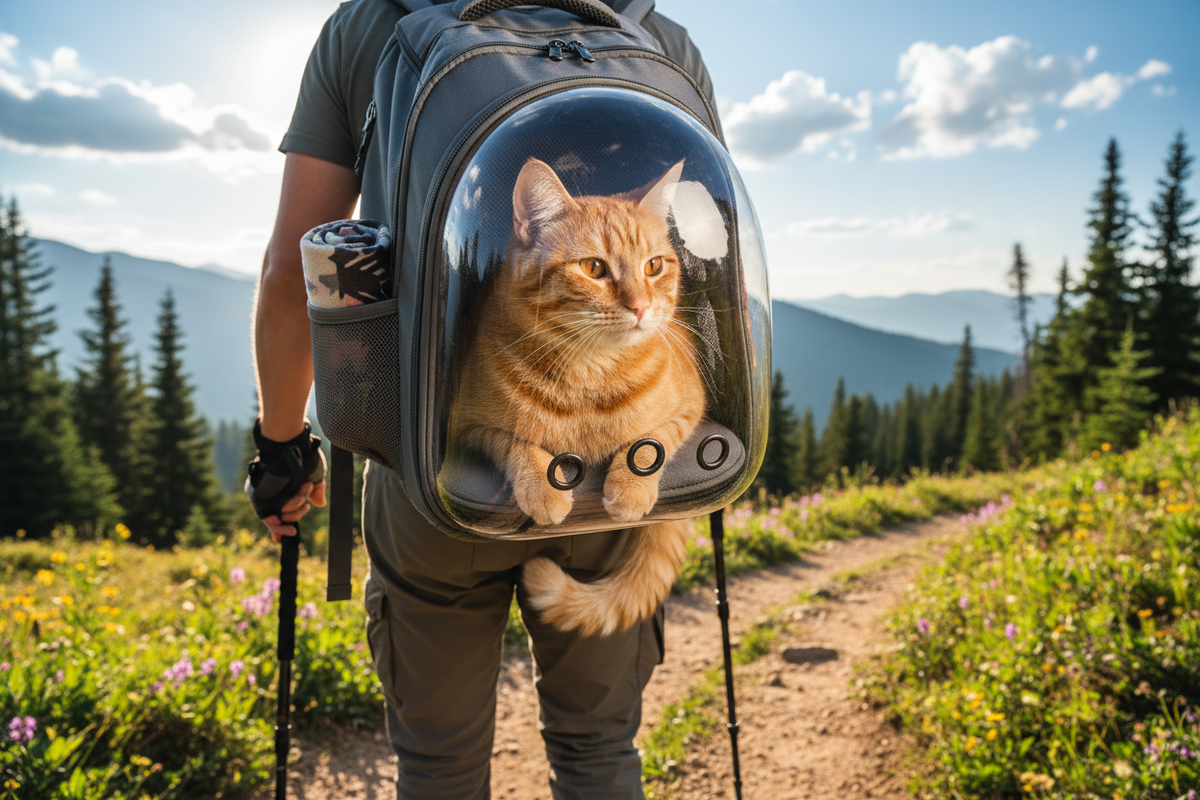 Tabby cat sitting comfortably inside a breathable transparent pet backpack carrier outdoors