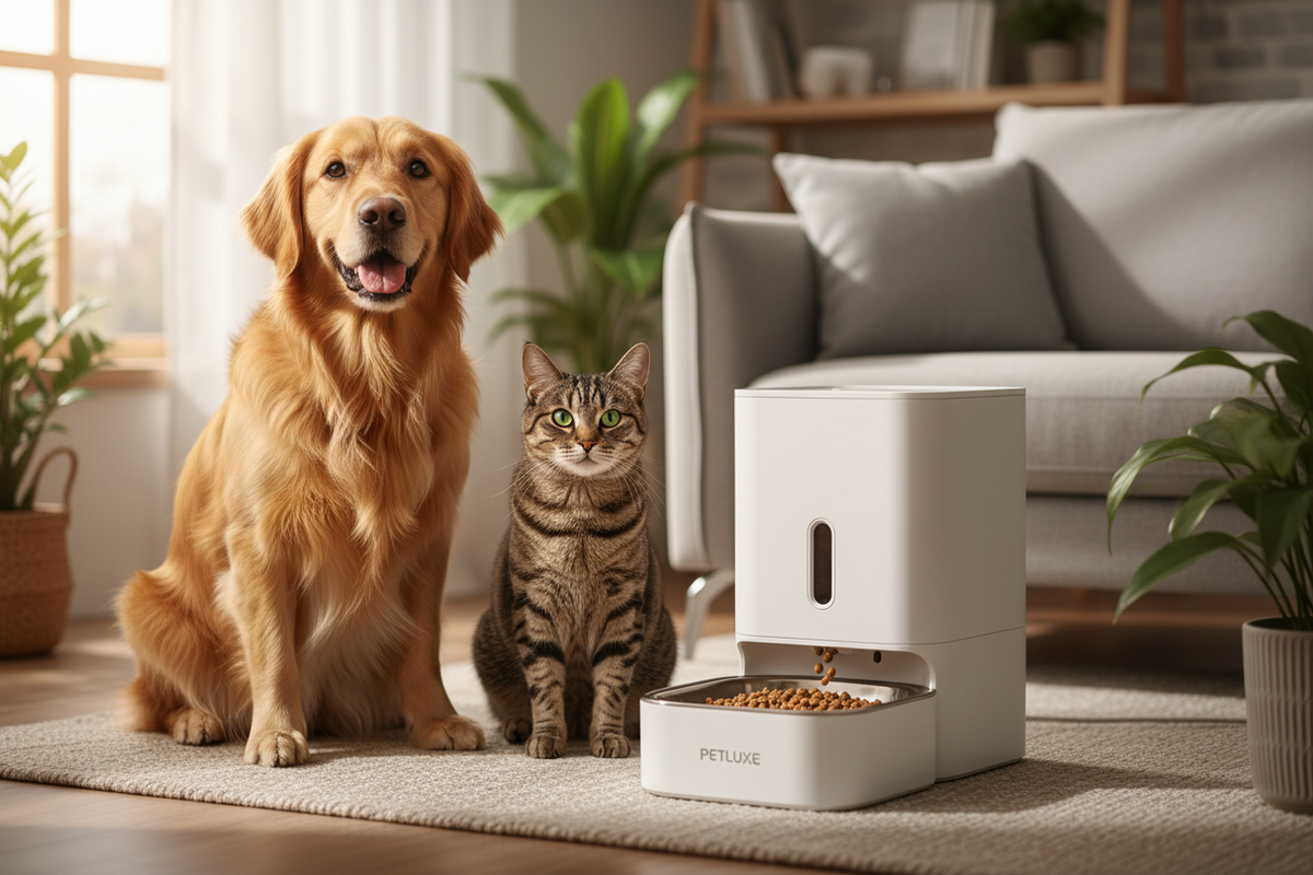 Golden retriever and tabby cat sitting in front of a smart white automatic pet feeder in a cozy home