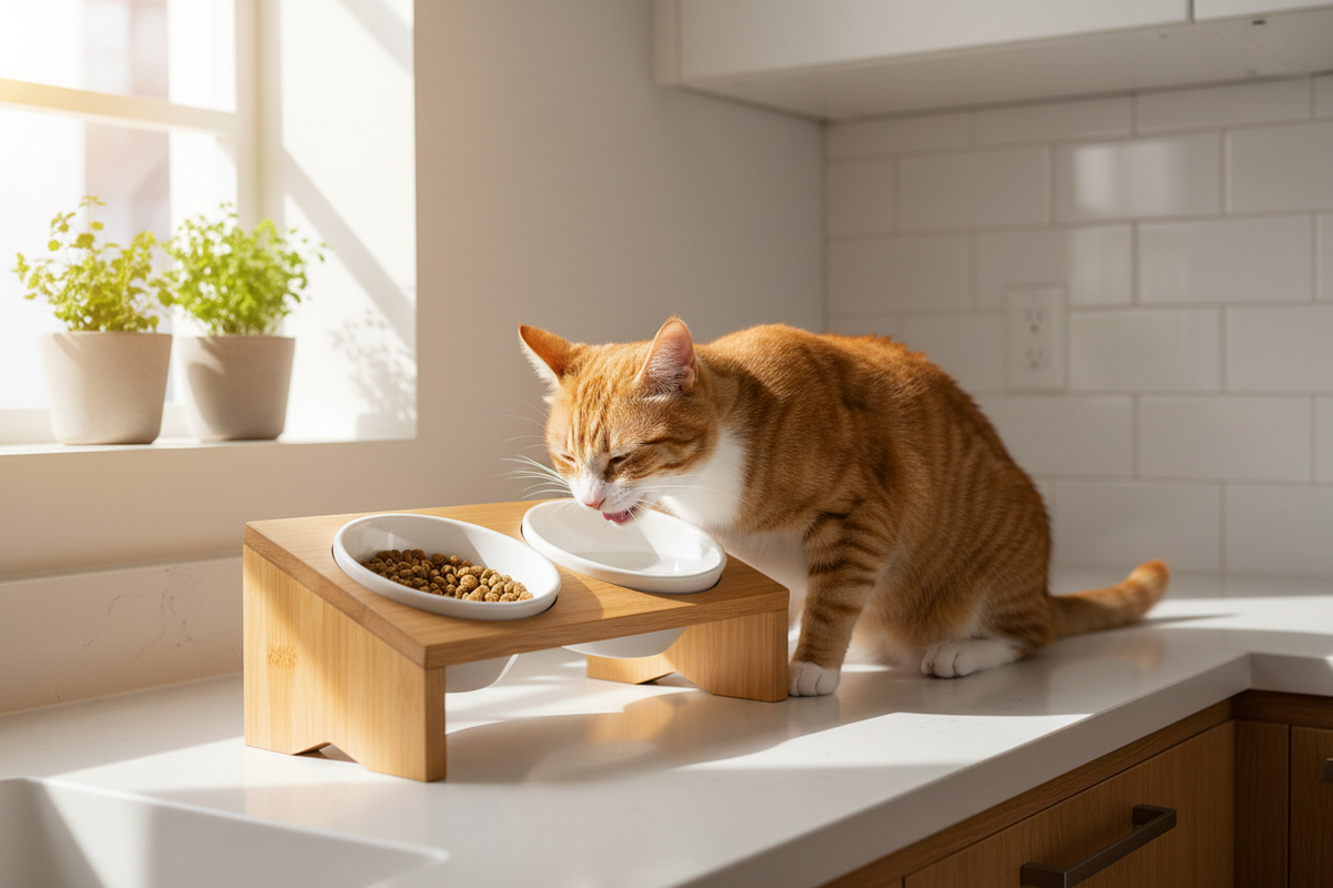 Orange tabby cat eating from an elevated ergonomic ceramic bowl holder in a modern kitchen