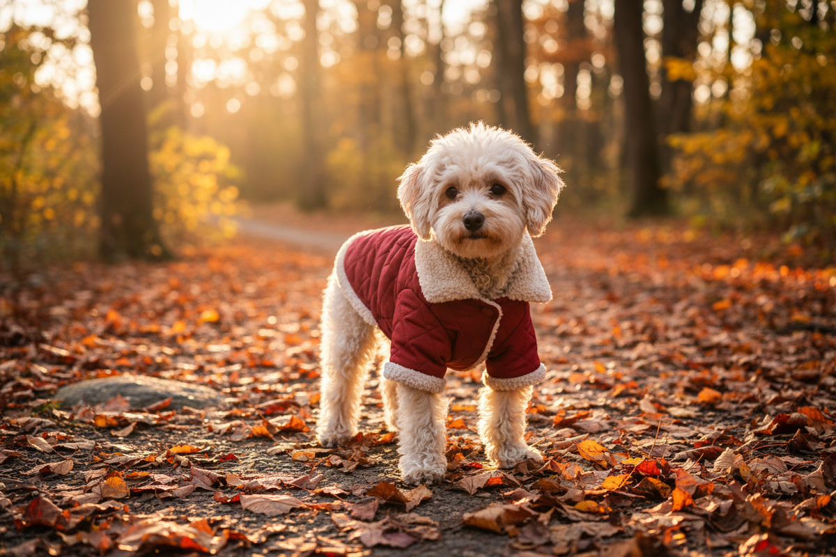 Small fluffy dog wearing a cozy quilted padded lamb fur jacket in red on an autumn leaf-covered path