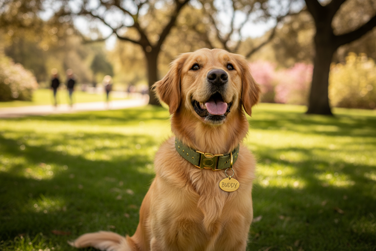 Golden retriever wearing a personalized nylon collar with custom name tag in a sunny park