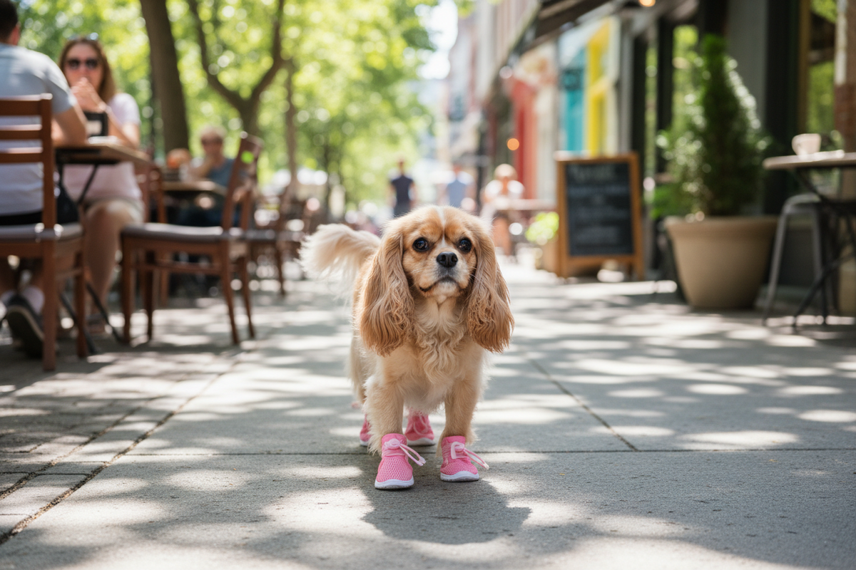 Small dog wearing four cute pink breathable sports shoes walking confidently on a sunny sidewalk