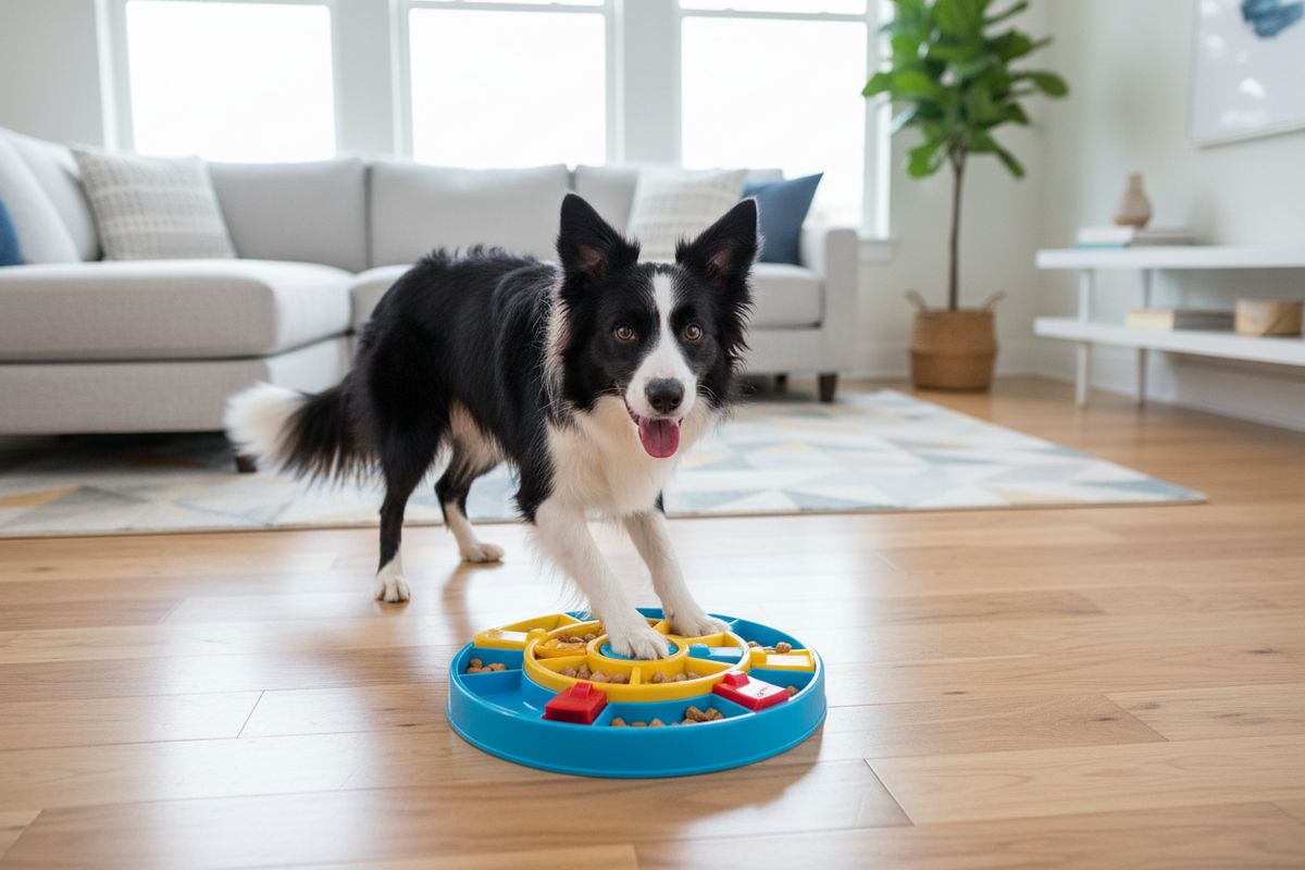 Border collie happily pawing at a colorful interactive slow feeder puzzle toy with treats visible