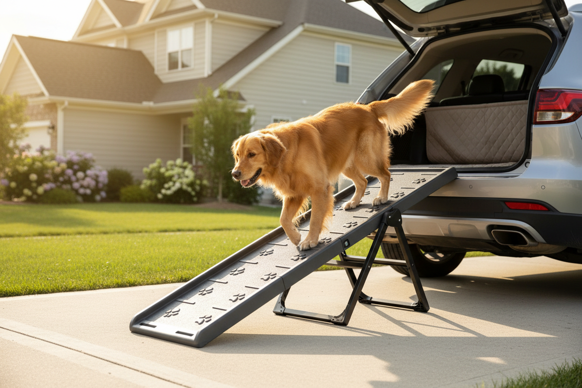 Golden retriever walking up a foldable non-slip pet ramp into the back of an SUV in a sunny driveway