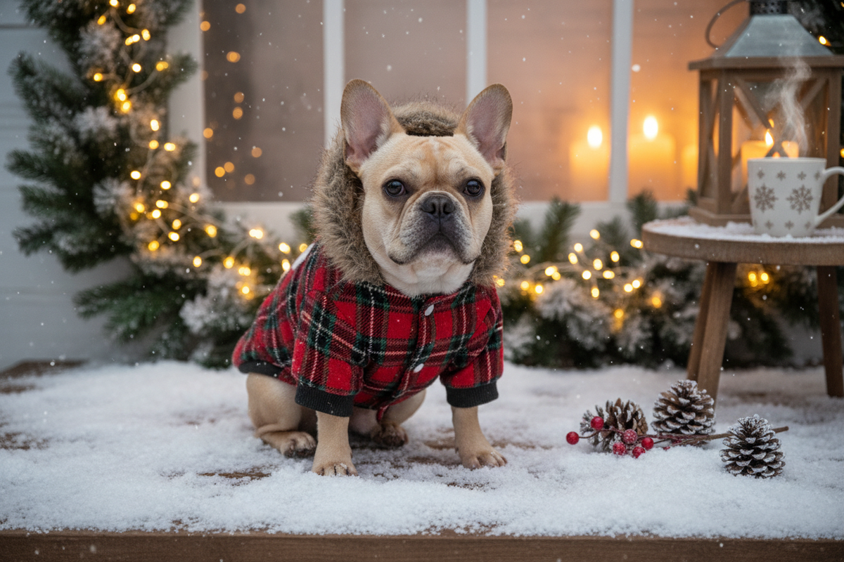 Small French bulldog wearing a cozy thick green winter baseball jacket coat on a snowy porch