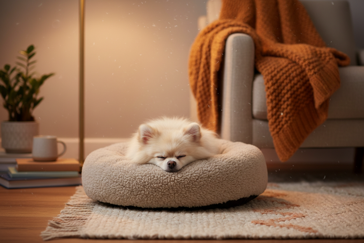 Small fluffy dog sleeping in a plush round washable pet bed in a cozy living room